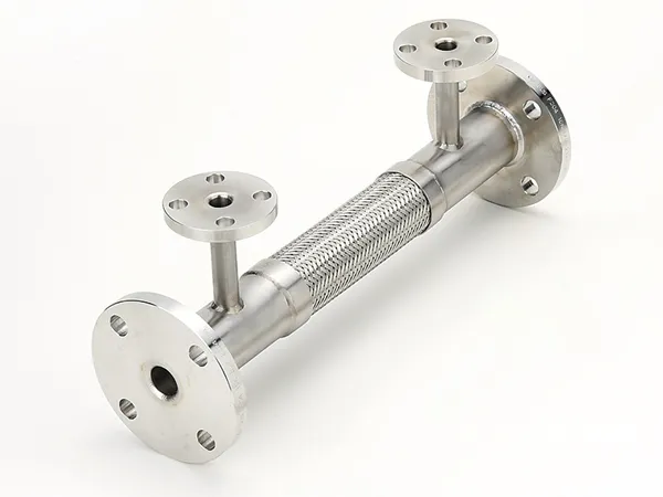 A double jacketed flexible hose is horizontally placed.